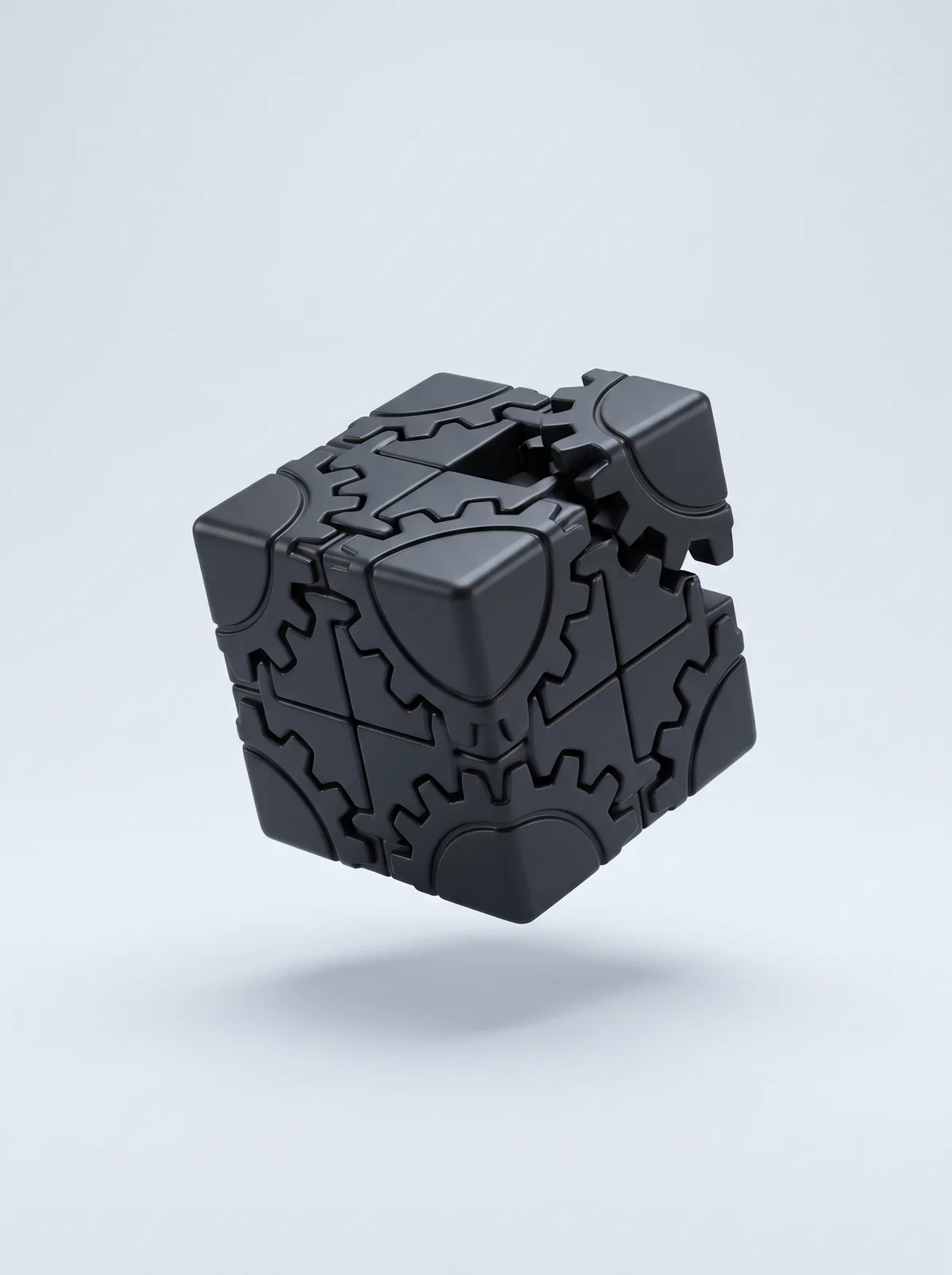3D render of a matte black gear cube