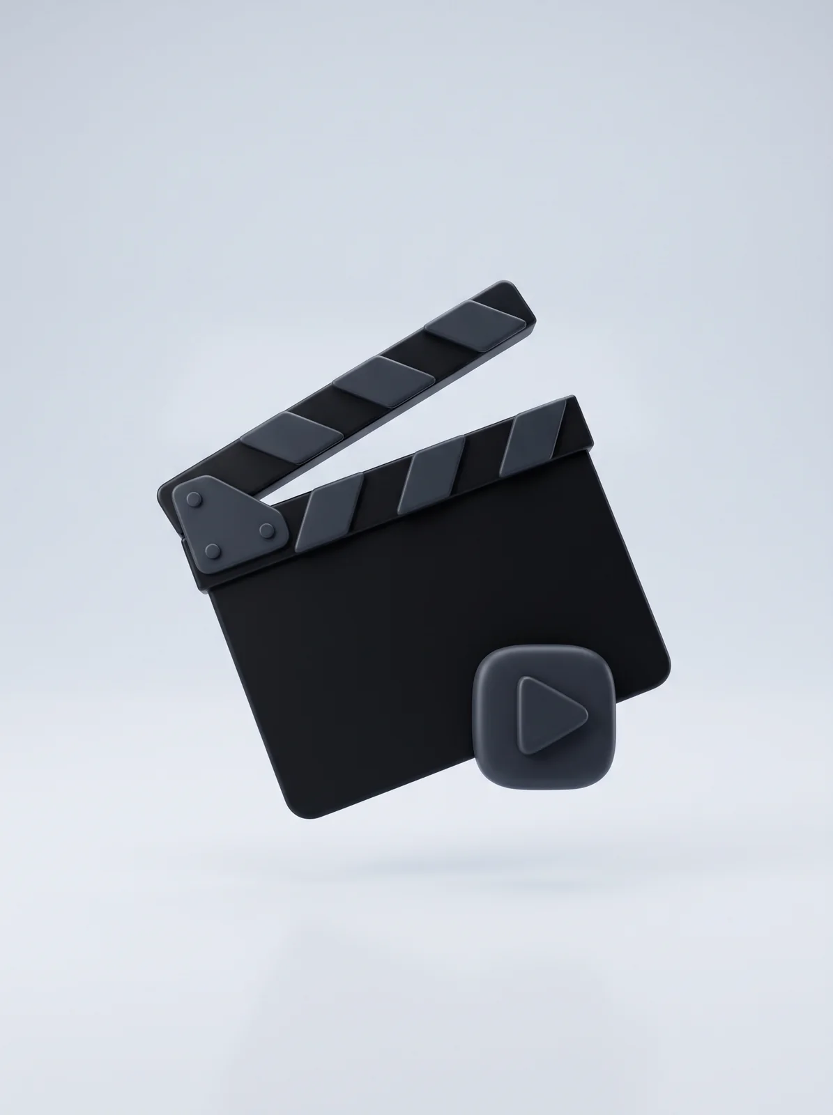 3D render of a matte black film clapperboard with a play button